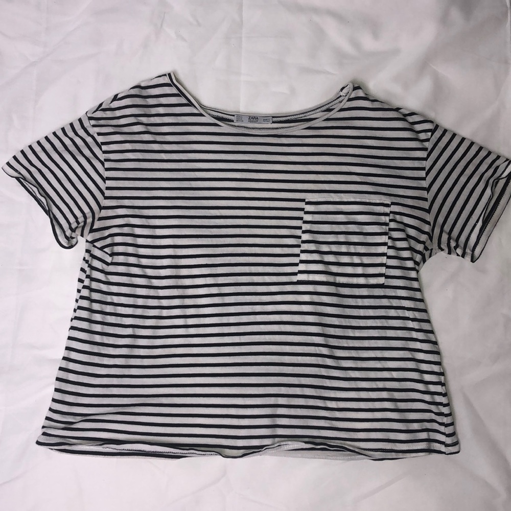Zara Striped Crop Tee With Pocket